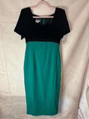 Donna Morgan Black and Teal Two-Tone Midi Sheath Dress